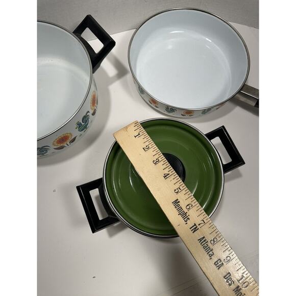 Vtg Lot 3 Enamel Stock Pots Rooster & Poppy Flower 60s‎ 70s Saucer Fry MCM RARE - Picture 8 of 15
